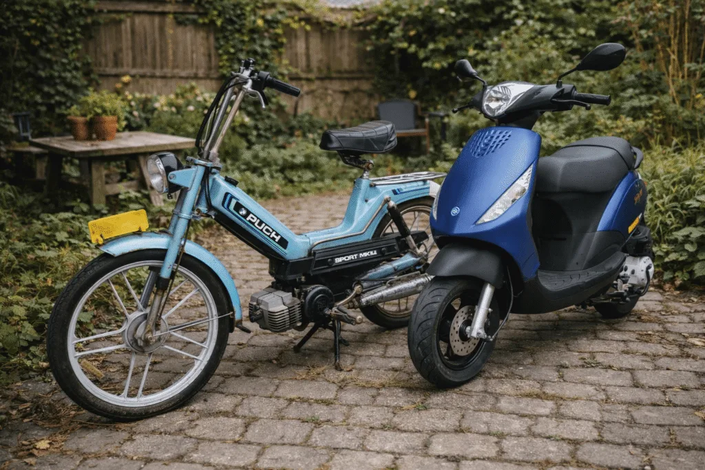 Scooter en brommer op natuurstenen pad