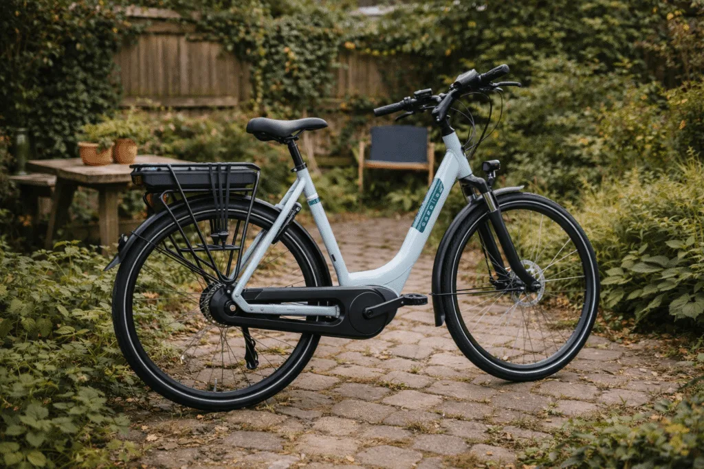 Eletrische fiets op natuurstenen pad